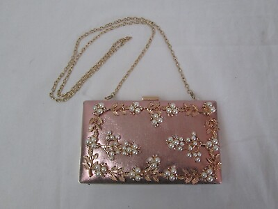 #ad J Trendy Luxury Box Pearl Blush Pink Clutch Bag Gold Chain Strap Purse NEW $19.99