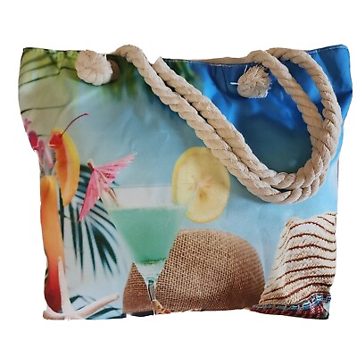 #ad Beach Bag Shoulder Tote Canvas Poly Zip Close Cocktail Beach Multi Double Strap $22.77