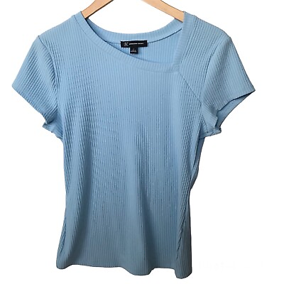 #ad Y2K 2000s Ribbed Top Large Fairy Grunge Asymmetrical Baby Blue Stretch Shirt INC $29.99