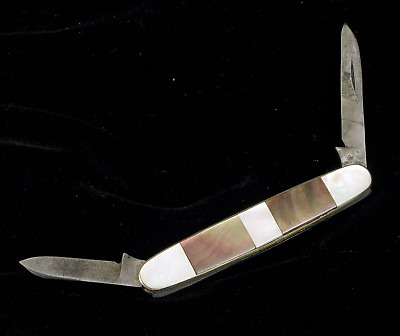 #ad ANTIQUE DUAL BLADE FOLDING POCKET KNIFE MOTHER OF PEARL WITH INLAY ABALONE FINE $95.00