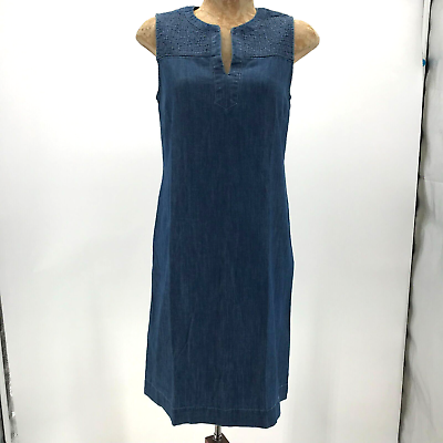 #ad Talbots Dress Womens 2P 2 Petite Blue Chambray Shift Quilted Embroidered V Neck $20.40
