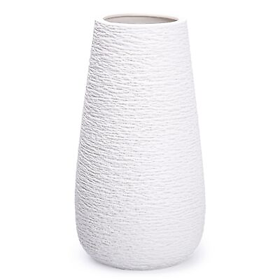 #ad 12 Inch Modern White Ceramic Vase Oval Shaped Textured Flower Vase with Design $48.99