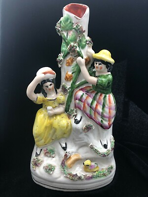 #ad Antique Staffordshire Spill Vase Two Women Tree Duck 8.5quot; $24.99