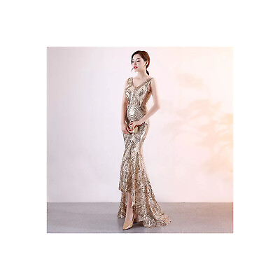 #ad Gold Sequin Glitter Dress Formal Evening Gown Floor Length Ball Gown Backless $223.99