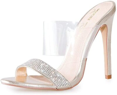 #ad Lauren Lorraine Les Silver Clear Cuff Rhinestone Fashion Lower Band Heel Sandals $29.99