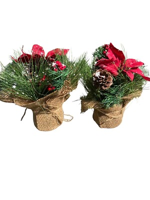 #ad Two Christmas Burlap Arrangements Red Pointsetta’s Pine Cone Snow $12.99