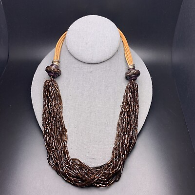 #ad Chicos Boho Seed Bead Necklace Multi Strand Layered Brown Cord Shiny Statement $15.26