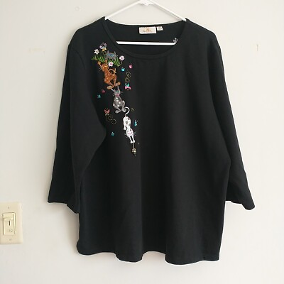 #ad Quaker Factory Top Tunic Women 2X Plus Black Embroidered Cats 3 4 Sleeve Knit $25.00