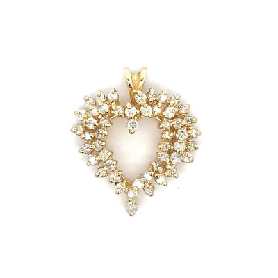 #ad Estate 14K Yellow Gold 1.00ctw Round Diamond Cluster Open Heart Charm Pendant $398.40