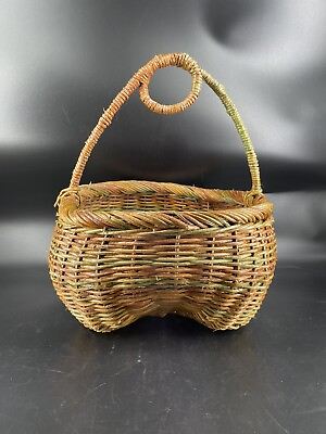 #ad #ad Vintage Primitive Woven Buttocks Egg Wicker Basket Circle Handle $124.00