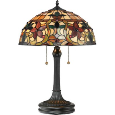 #ad Tiffany Art Glass 2 Light Table Lamp with Flowers Tiffany Floral Table Light $195.95