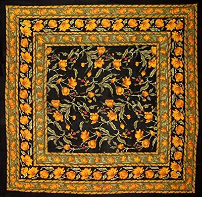 #ad India Arts French Floral Square Cotton Tablecloth 60quot; x 60quot; Amber on Black $22.84