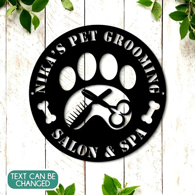 #ad Personalized Black Hanging Pet Grooming Saloon Spa Metal Name Sign Décor Wallart $82.00