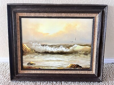 #ad Framed Signed Oil Painting Ocean Seascape Seagulls Waves Beach 15x12” $99.00