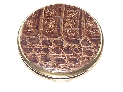 #ad Vintage Large Compact Brown Alligator Leather Top Gold Tone Body Powder Mirror $89.99