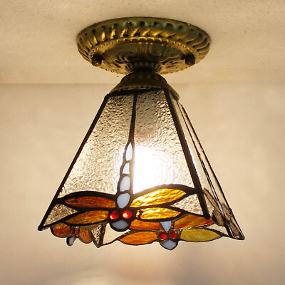 #ad Tiffany Vintage Ceiling Lamp Stained Glass Pyramid Dragonfly Design Fixture $80.83