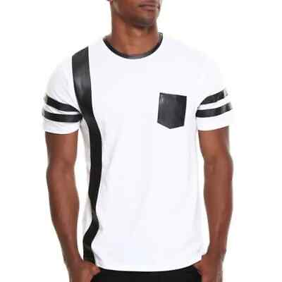 #ad White With Black Stripes Leather Men#x27;s T Shirt Stylish Casual Genuine Handmade $150.00