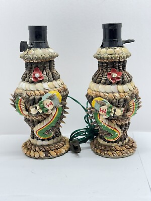 #ad Vintage Pair Shell Encrusted Dragon Table Lamps Souvenir MCM $118.99