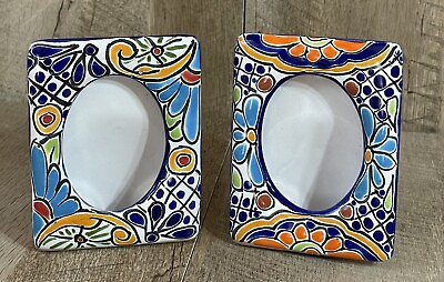 #ad Mexican Hand Painted Pottery Photo Frames Multicolored Set Of 2 4 3 4” Tall $23.50