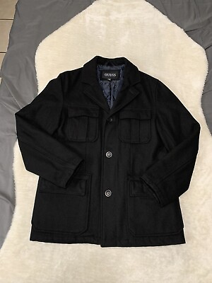 #ad Guess Mens Black Wool Blend Button Jacket Size Medium $39.99