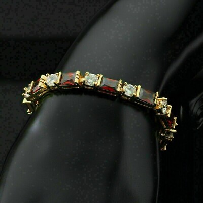 #ad 9 Ct Emerald Cut Lab Created Red Garnet Tennis Bracelet 14K Yellow Gold Plated $170.99