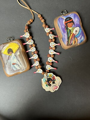 #ad Vintage DE GRAZIA Resin Painted Squash Blossom Style Necklace And Two Plaques $120.00