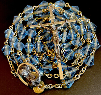 Vintage Light Blue Tear Drop Glass 5 Decade Rosary Silver Tone Crucifix $14.99