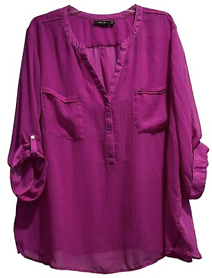 #ad Apt 9 Top Size 2X Pink Fushia V Neck Roll Tab Sleeve Sheer Tunic Blouse Pockets $16.00
