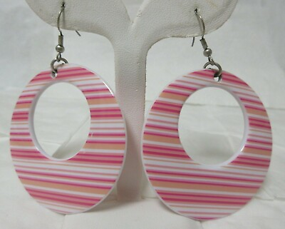#ad Vintage Silver Tone Pink Coral and White Stripe Pierced Dangle Earrings $5.99