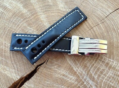 #ad Breitling Watch Strap 24mm HANDMADE Black Racer Deployment Clasp $84.99