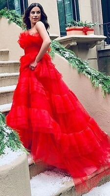 #ad $8995 Monique Lhuillier Collection Tulle Embroidered Red Long Ball Gown Dress 4 $2109.25