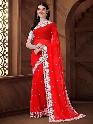 #ad Women#x27;s Georgette Embroidery Border Work Saree with Blouse Piece $45.99