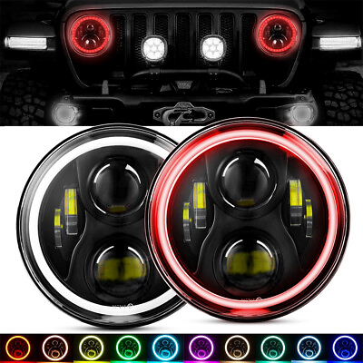 #ad Pair 7#x27;#x27; Round LED Headlights RGB Halo Angel Eyes For Jeep Wrangler JK TJ CJ LJ $87.99