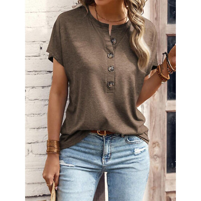 #ad Women Soft Short Sleeve Dailywear T Shirt Breathable Ladies Tops Button T Shirt $22.45