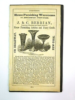 #ad 1854 New York City Jamp;C Berrian Home Furnishing Warehouse Broadway Advertisement $11.99