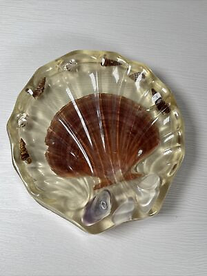 #ad Vintage Yellow Lucite Sea Shell Soap or Trinket Dish Ocean Shells Imbedded $5.95