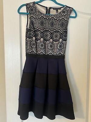 #ad Xtraordinary Juniors Party Dress Navy Lace On Cream With Black Stripes Size Smal $45.00