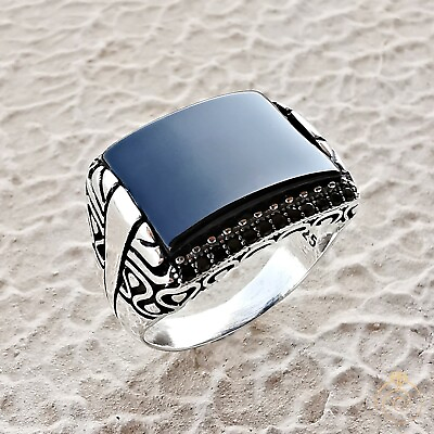 #ad Mens Onyx Black Rectangle Gemstone Statement Ring Unique Engrave Band Jewelry $122.85