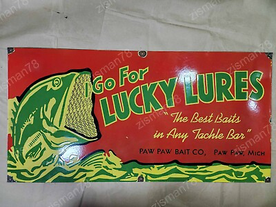 #ad LUCKY LURES PORCELAIN ENAMEL SIGN 48 X 24 INCHES $300.00