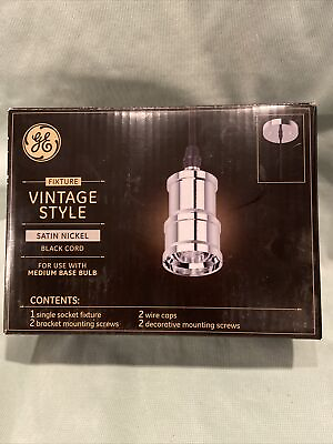 #ad GE Vintage Style Light Bulb Pendant Socket Fixture Satin Nickel Black Cord NIB $11.00