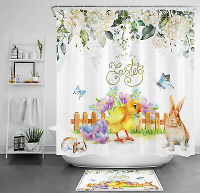 #ad Botanical Flower Butterfly Chicken Rabbit Shower Curtain Set for Bathroom Decor $12.99