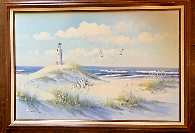 #ad Original Seascape Beach w Lighthouse Oil Painting Canvas Signed REMINGTON39x28” $175.00