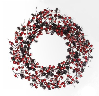 #ad CC Christmas Decor 24quot; Artificial Red Berry Pine Cone Flocked Christmas Wreath $50.39