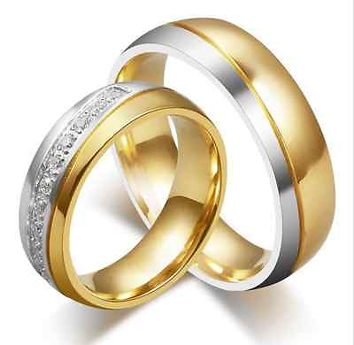 #ad Titanium Steel Promise Wedding Bands Gold with Zircon Love Couple Rings 1pair $17.99