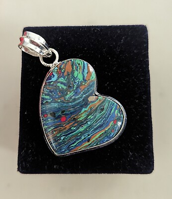 #ad Handmade Blue Rainbow Calsilica Heart 2quot; PENDANT ONLY Sterling Silver Marked 925 $11.90