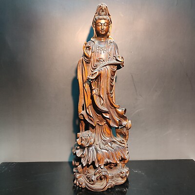 #ad Wooden Chinese Kwan Yin Statues Figurines Quan Yin Statues Buddha Wood Carving $109.99
