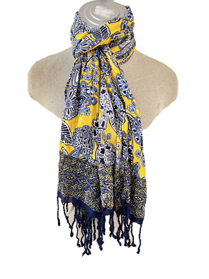 #ad Talbots scarf 74 x 20 with fringe blue yellow floral $11.99