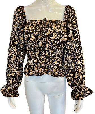 #ad Lucy Paris $69 Square Neck Blouson Sleeve Dark Floral Print Top Size XS New NWT $29.97