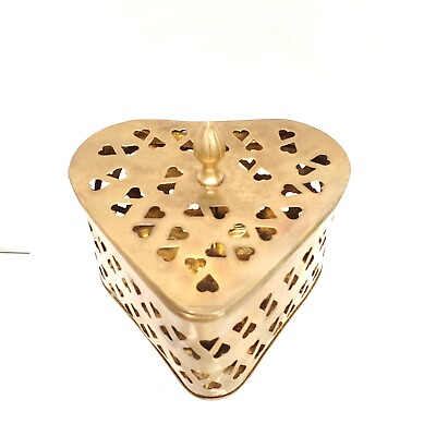 #ad Vintage SOLID brass heart shaped box w removablel lid 6 x 5 x 3 heart cutouts $19.99