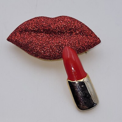 #ad Brooch Glitter Lips Lipstick Red Golden Vintage 1990s $10.00